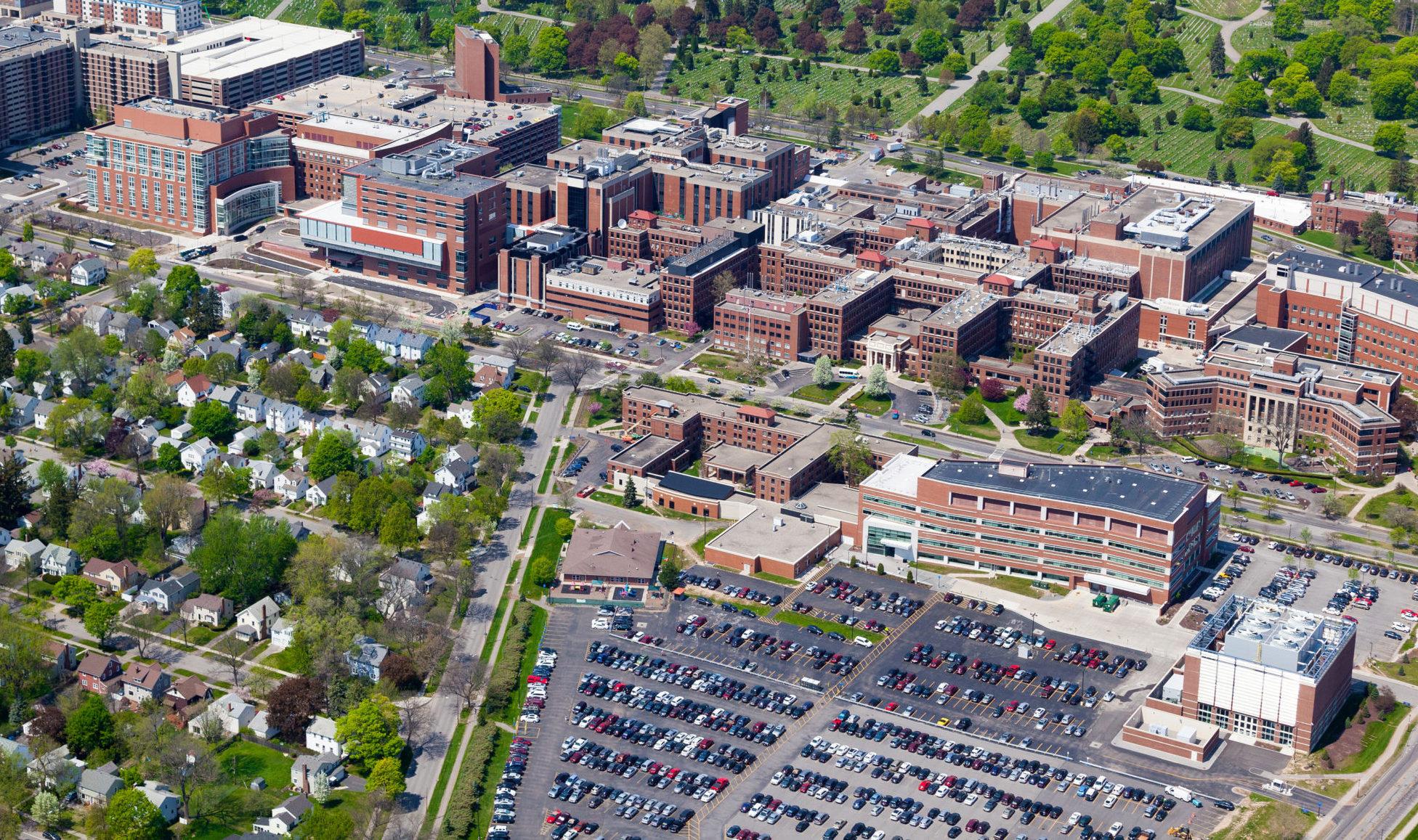 Aerial view of University of Rochester River Campus, Medical Center, College Town, Laboratory for Laser Energetics and Alumni and Advancement Center